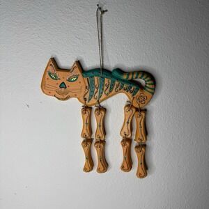 Cat Skeleton Wooden Hand Painted Orange & Turquoise Wind Chime Day Of The Dead